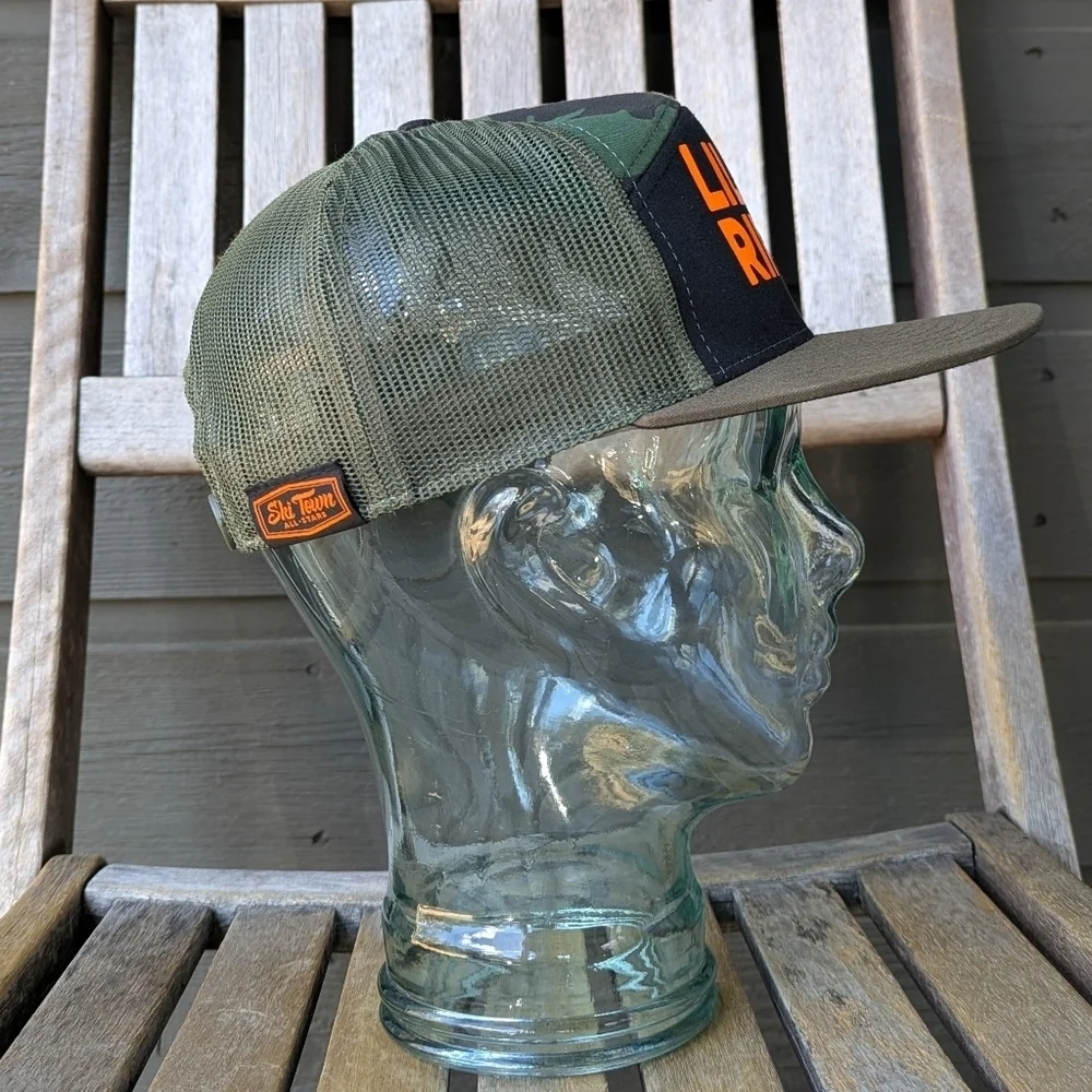 NWOT Ski Town All-Stars Lil Ripper Trucker Hat Camo Flame Orange